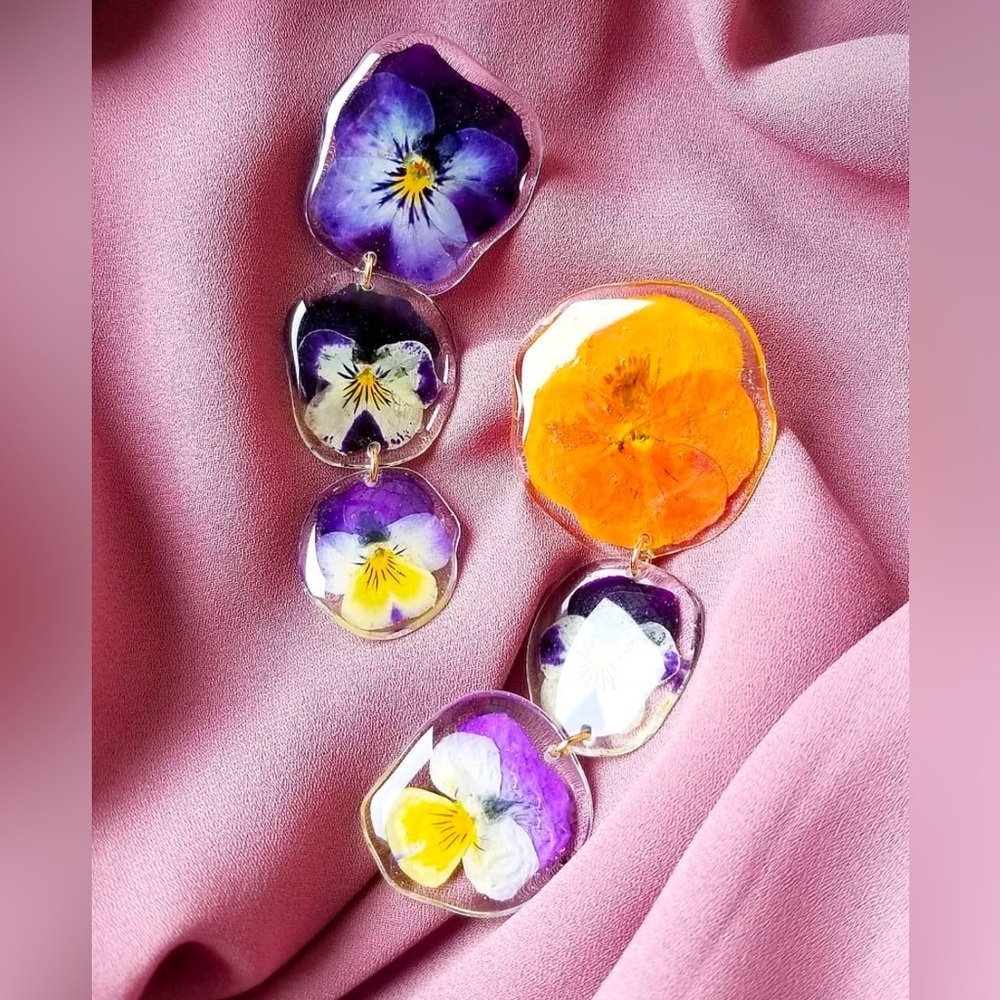 Unique Australian Made Pansies Statement Resin Earrings